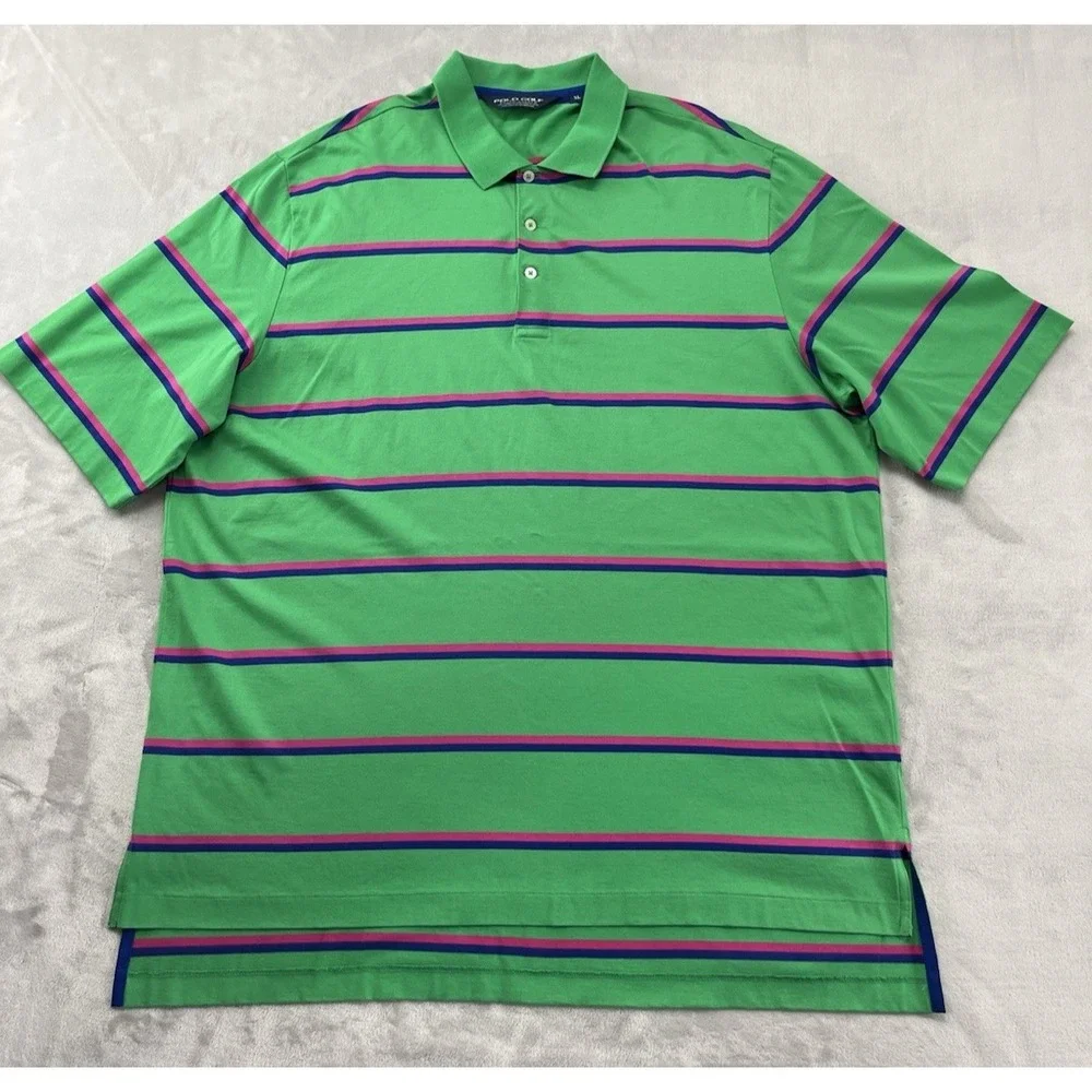 Polo Golf Ralph Lauren Polo Shirt Men XL Green Stripes Regular Hi-Low Slit Pima